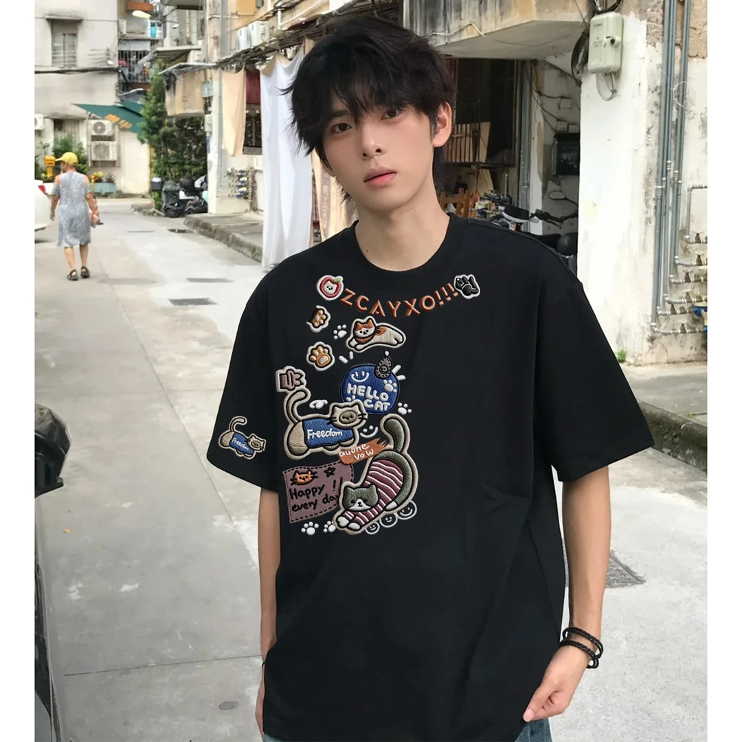 100%纯棉美式设计感小猫字母印花短袖T恤夏季男女休闲情侣款上衣