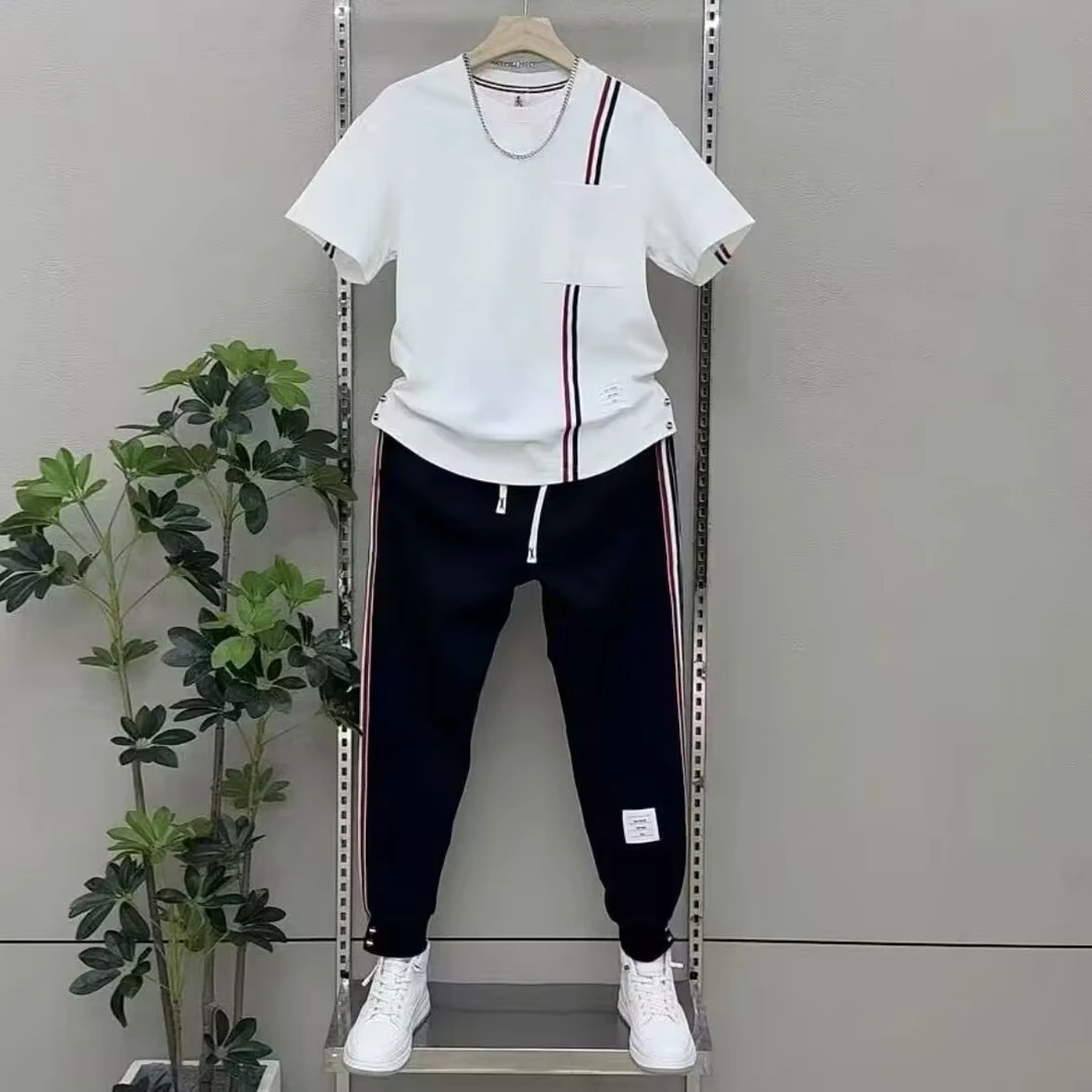 【现货】281印花圆领休闲运动套装中腰夏季长裤条纹个性休闲