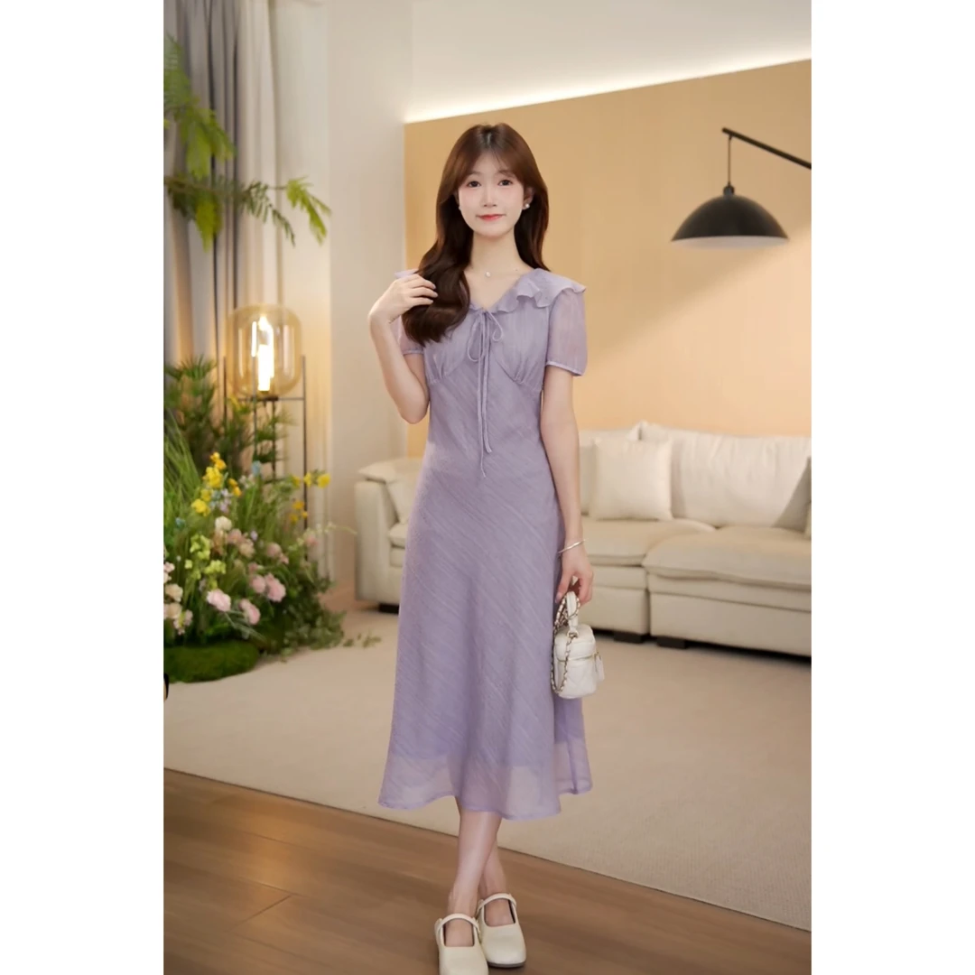 (现货)夏季新款气质时尚复古法式小众中长款连衣裙-8398