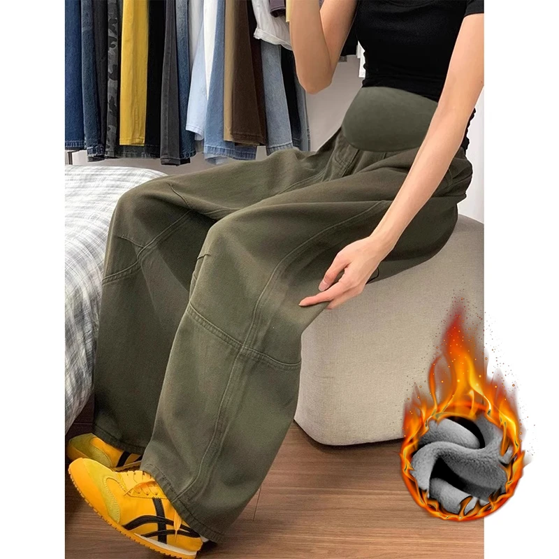 孕妇牛仔裤秋冬季加绒网红复古弯刀裤外穿长裤休闲薄款拖地裤子女