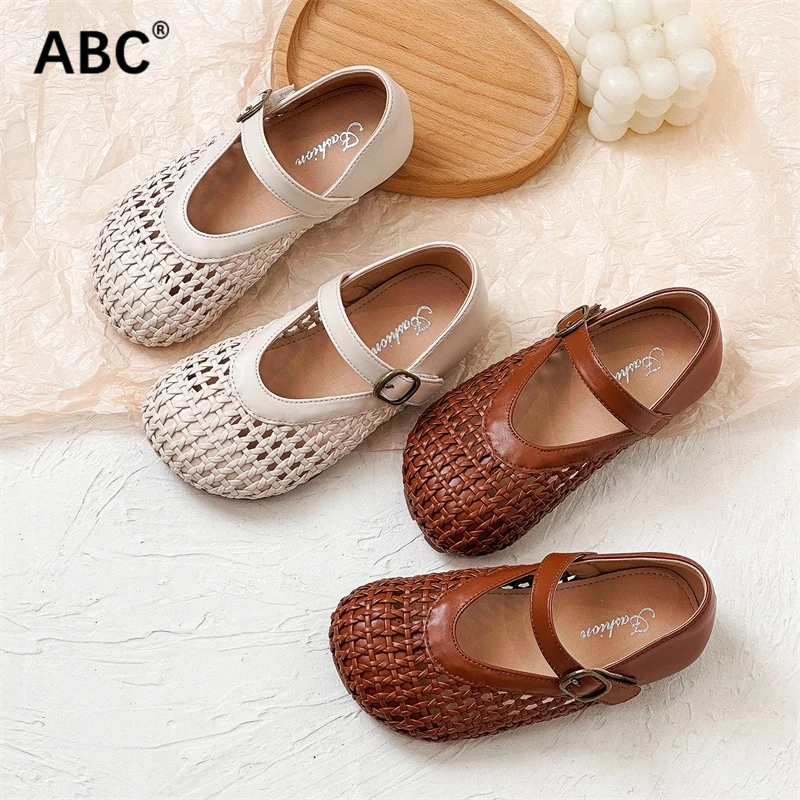 ABC 镂空女童鞋子2025春夏新款公主鞋洋气儿童浅口夏季豆豆鞋软底