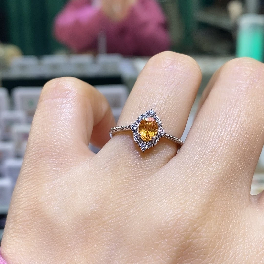 银S925镶嵌石榴石（芬达石）戒指天然芬达