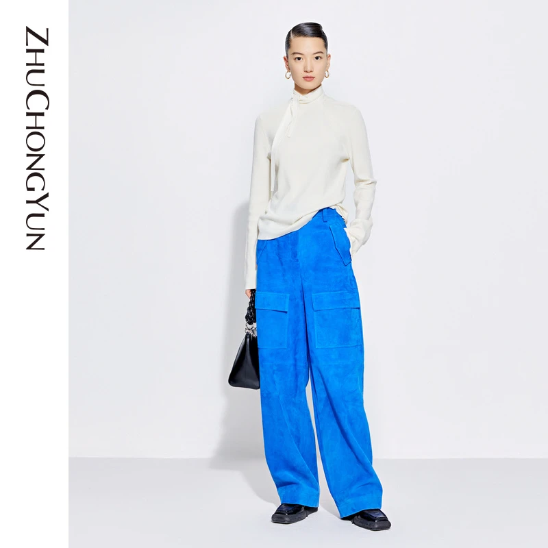 ZHUCHONGYUN冬白色系带领型设计感打底绵羊毛针织衫毛衣