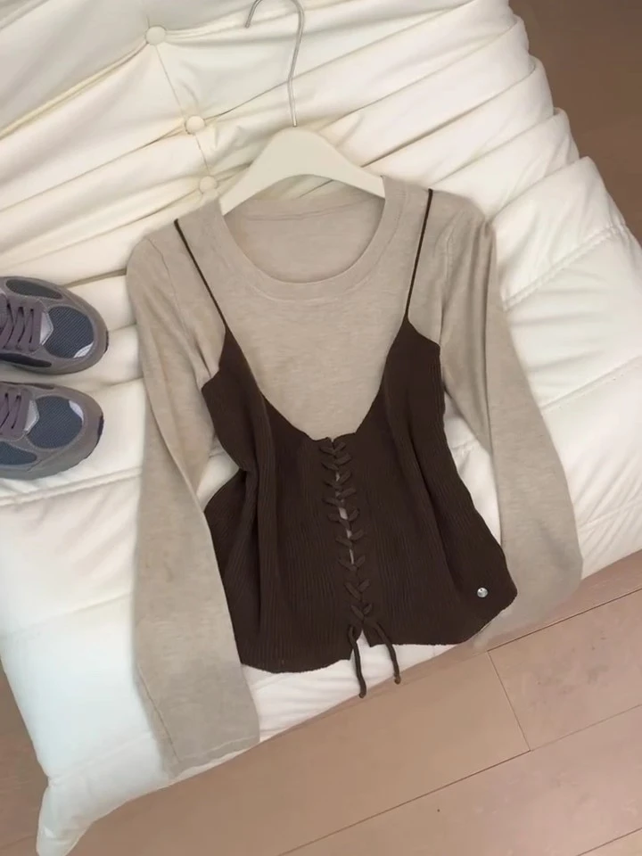 设计感撞色绑带吊带拼接假两件针织衫女早秋小众洋气独特别致上衣