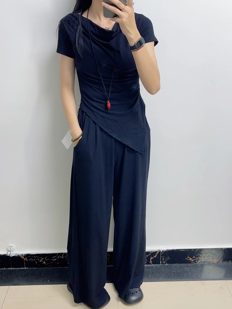 休闲风慵懒风通勤风时尚套装气质套装时尚女装休闲不规则黑色上衣