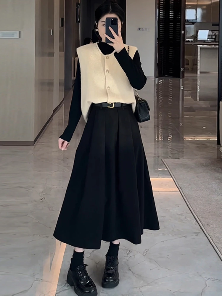 2024新款韩系高级感打底衫上衣半身裙三件套女秋冬穿搭一整套7205