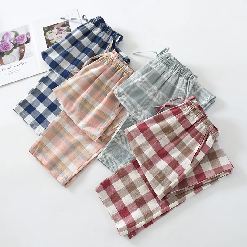 春秋日系水洗纯棉睡裤女长裤薄款宽松休闲居家外穿格子夏季家居裤