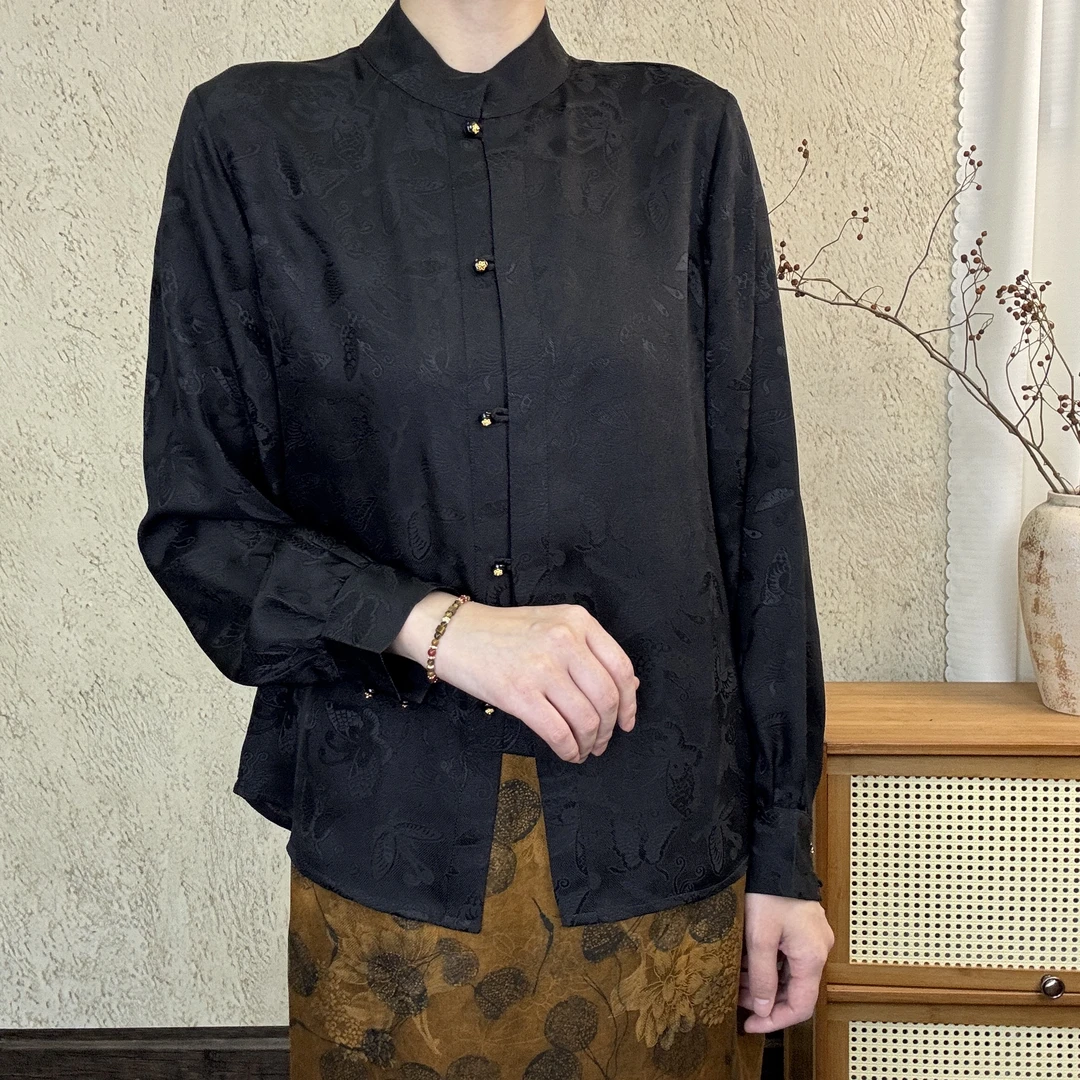 青兰真丝新中式立领衬衣100桑蚕丝蝴蝶全孔罗花纹