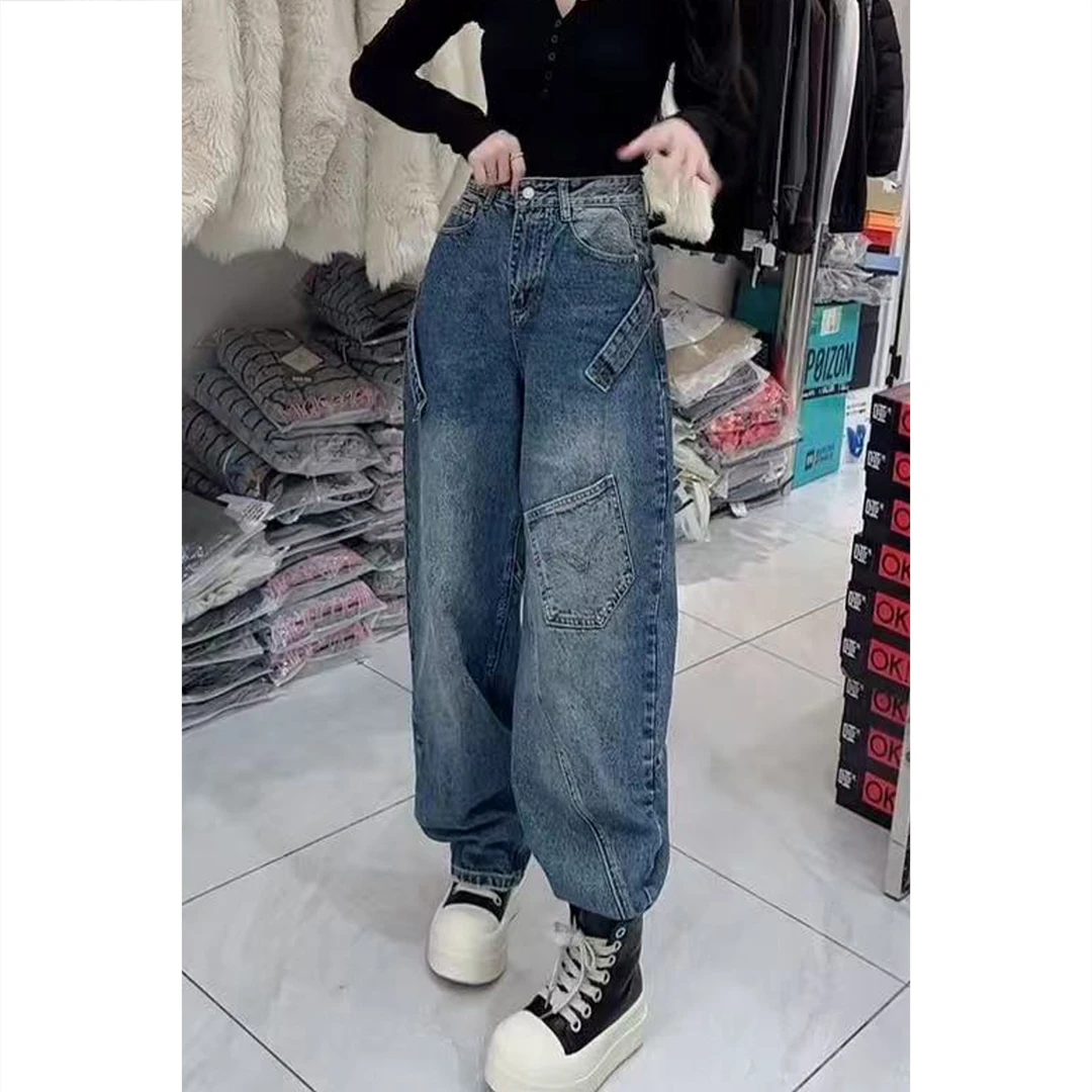 加绒加厚牛仔裤子冬季新款女阔腿裤百搭弯刀裤时尚小众设计