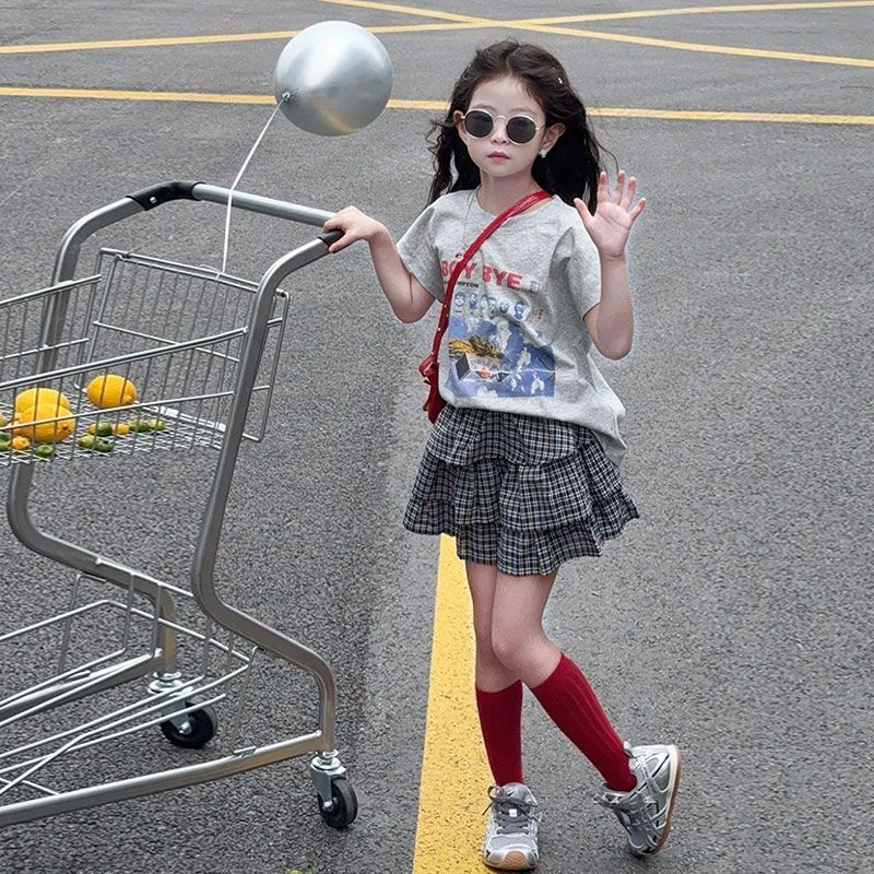 女童夏季洋气两件套中大童圆领休闲上衣2025新款格纹蛋糕裙套装潮