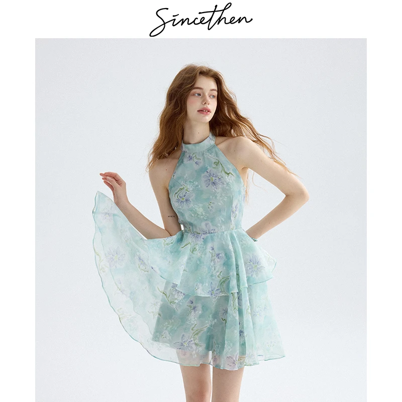 sincethen花影仙踪碎花连衣裙挂脖吊带裙短裙度假穿搭裙子女夏季