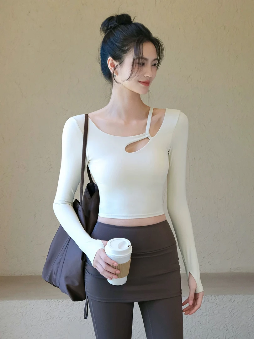 瑜伽服女2025秋季新款带胸垫运动上衣长袖T恤普拉提训练健身