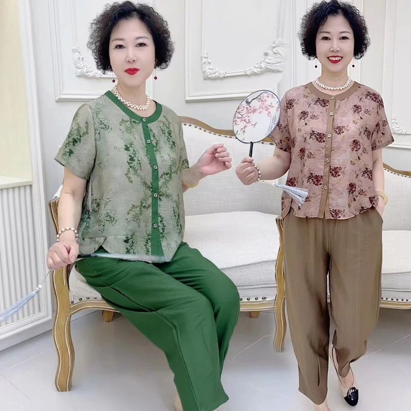 妈妈夏装短袖套装洋气阔太太两件套透气宽松大码衣服中老年女装