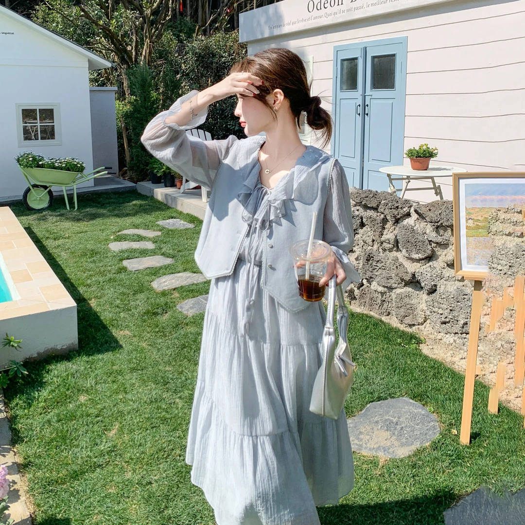 蓝色茶歇法式连衣裙女春季2025新款高级感气质马甲名媛衬衫裙套装