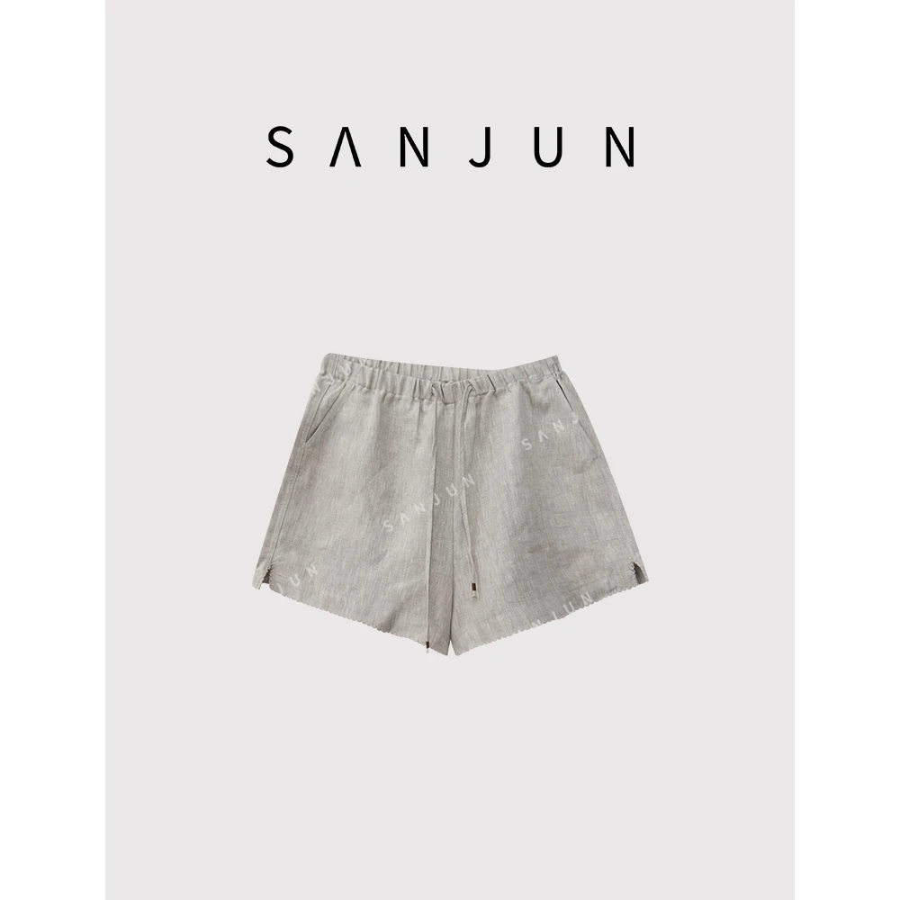 SanJun定制亚麻全松紧腰抽拉绳短裤 8833
