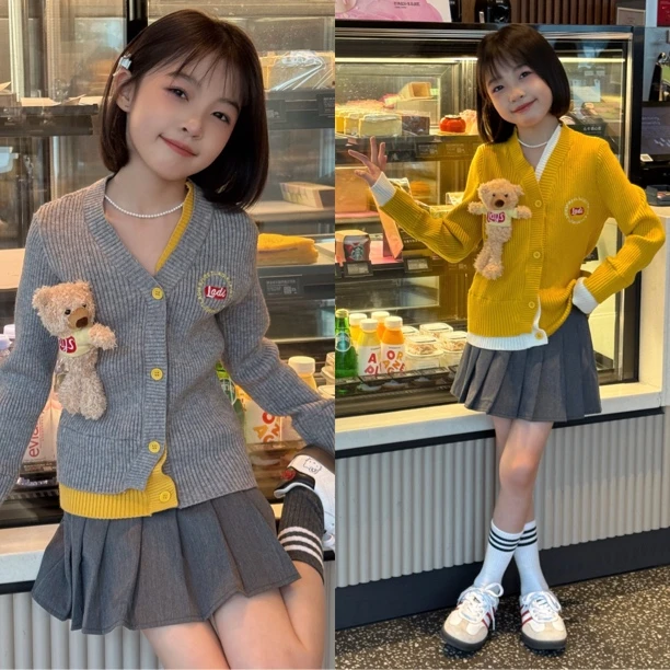 2025春季新款洋气亲子女童中大童时尚网红春款小熊毛衣假两件开衫