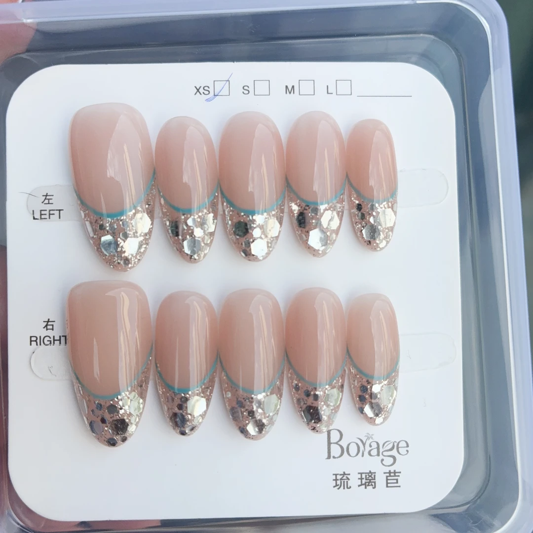 亮片蓝法 琉璃苣 纯手工亮片法式显白穿戴美甲贴片