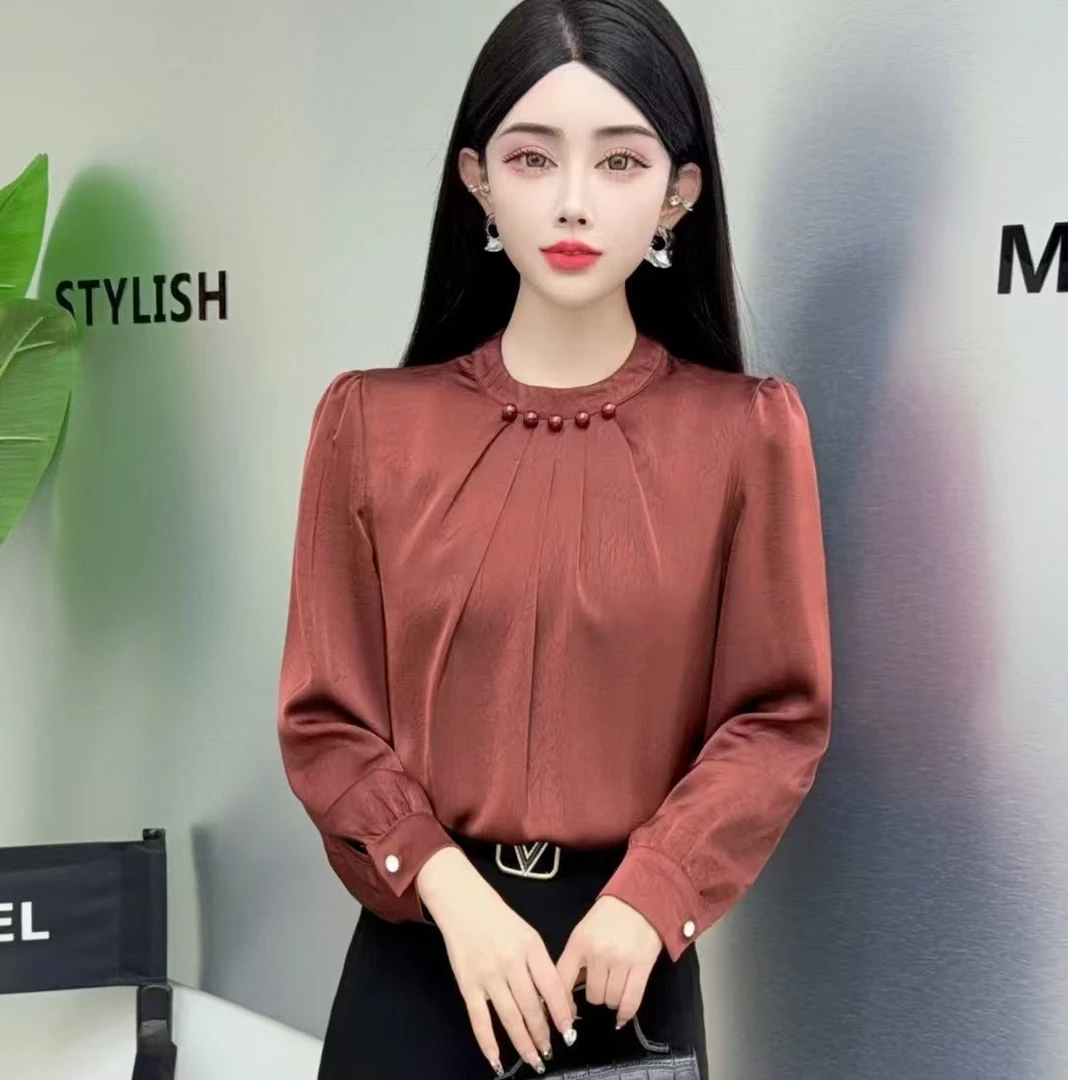 法式珍珠立领衬衫女2025春季新款优雅气质时尚设计感小衫上衣2062