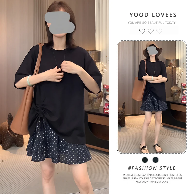 夏装一整套女时尚设计感抽绳短袖t恤气质时尚显瘦波点短裙两件套