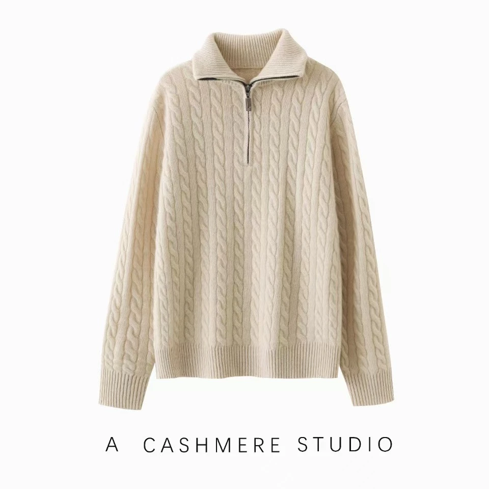 【100%山羊绒】半拉链麻花翻领针织上衣女