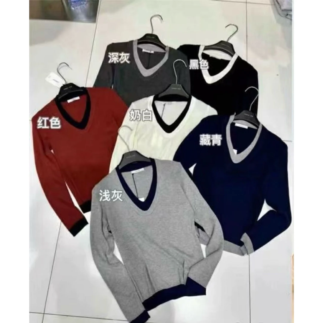 韩系时尚高级感撞色假两件设计V领长袖套头显瘦百搭毛衣1818#0.1