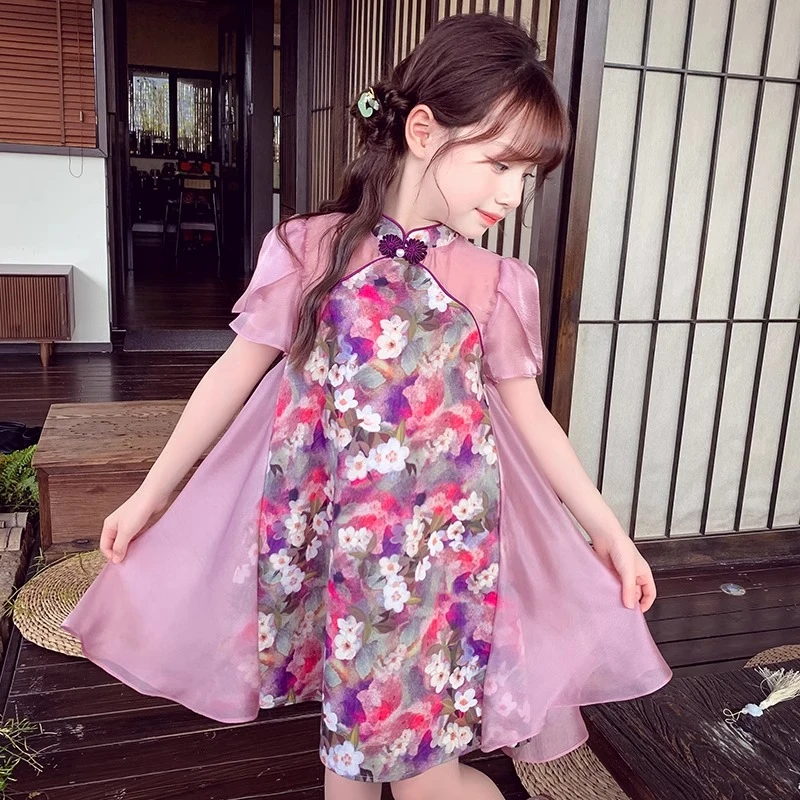 {清仓福利}复古夏季无袖纯色唐装女童装蝴蝶扣薄款旗袍裙子中国风