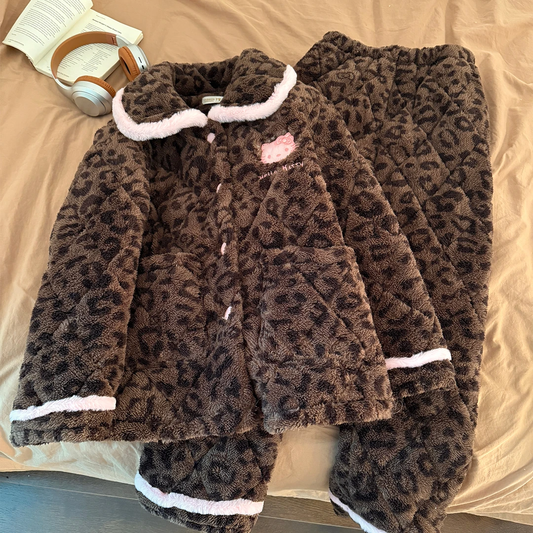 睡衣女秋冬季珊瑚绒三层夹棉大码加厚法兰绒棕豹纹套装冬天家居服