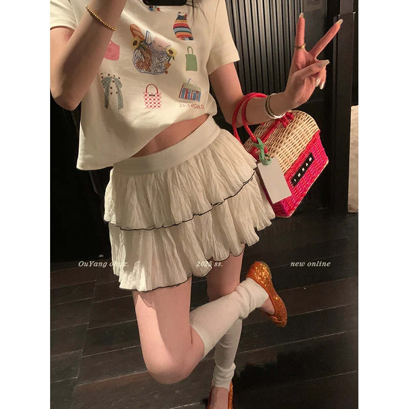 法式杏色网纱半身裙女夏季小个子蛋糕裙甜辣高腰减龄辣妹A字短裙