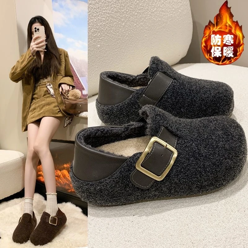内增高加绒保暖勃肯鞋女冬季新款百搭两穿毛呢懒人小个子棉鞋