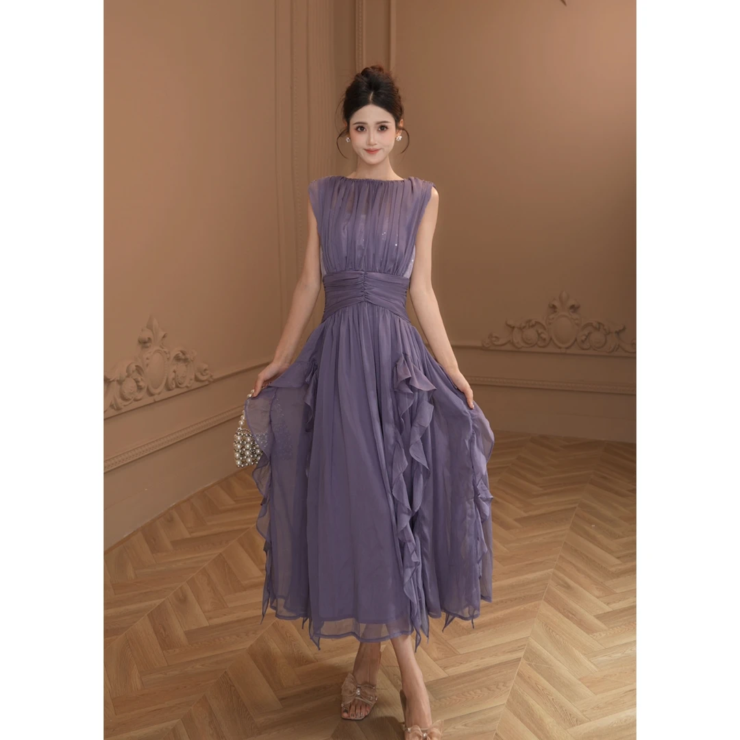 新款沙滩雪纺收腰无袖设计款法式茶歇优雅荷叶边连衣裙裙80175