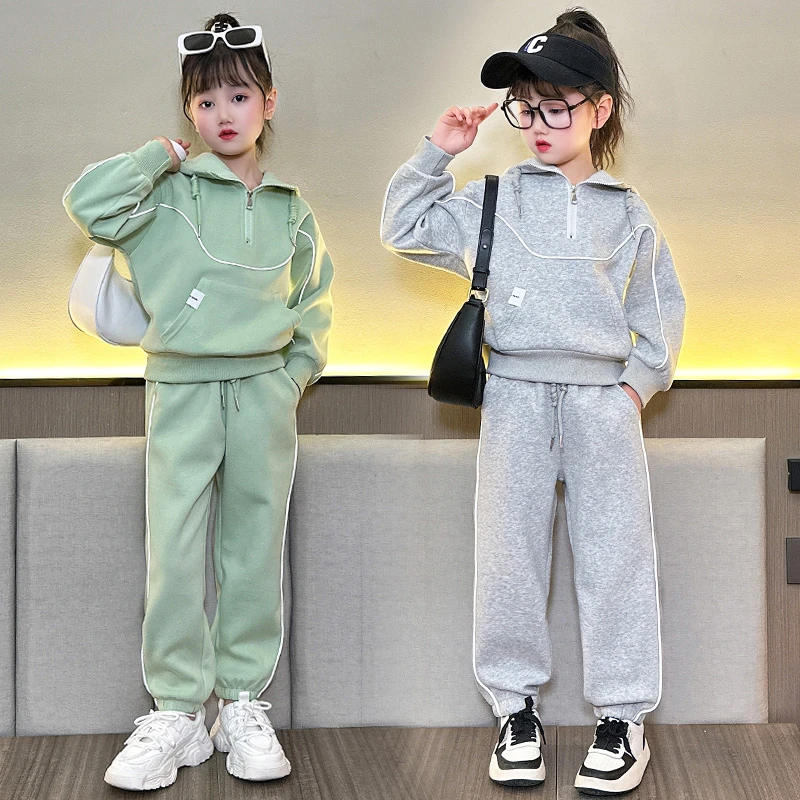 女童秋装运动套装2025新款洋气春秋连帽卫衣小女孩休闲卫裤两件套