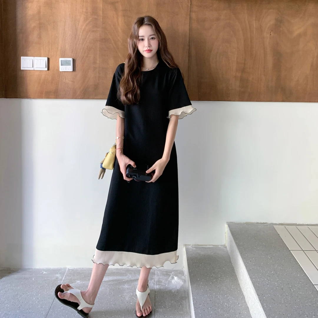 YIRAN/奕冉高级感黑色短袖连衣裙女夏设计感小众宽松显瘦气质长裙