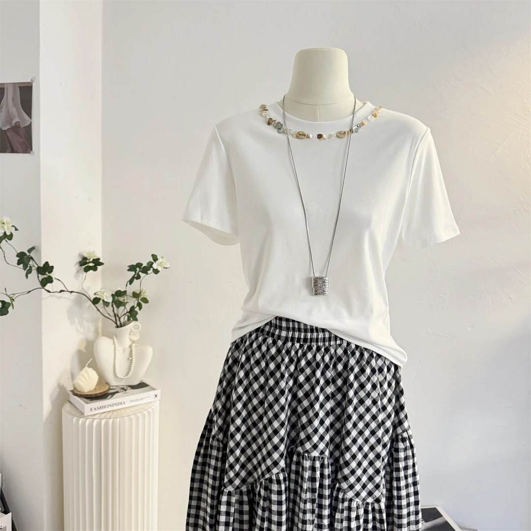 钉珠贝壳设计感圆领短袖T恤女2025夏季休闲百搭正肩半袖体恤上衣