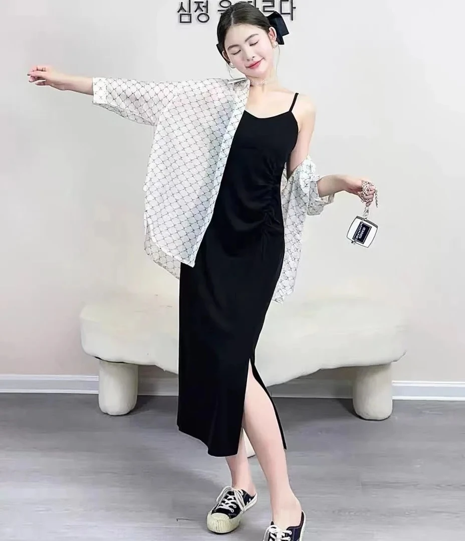 御姐范印花格纹防晒衬衫+性感吊带裙两件套女夏新款遮肉显瘦