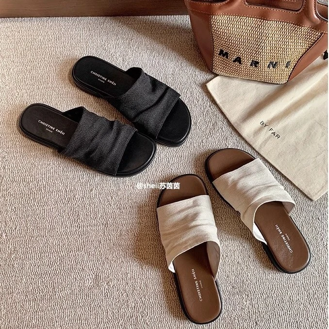 曼谷拖~休闲拖鞋2025夏季新款皱褶休闲度假沙滩平底凉拖女外穿