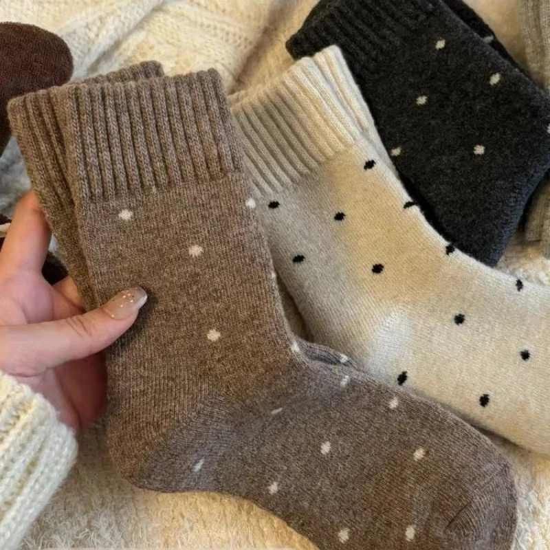 袜子女款保暖秋冬季加绒加厚新款波点毛圈中筒可爱百搭复古堆堆袜