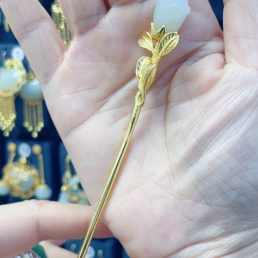 和田玉银S925镀金镶嵌发饰