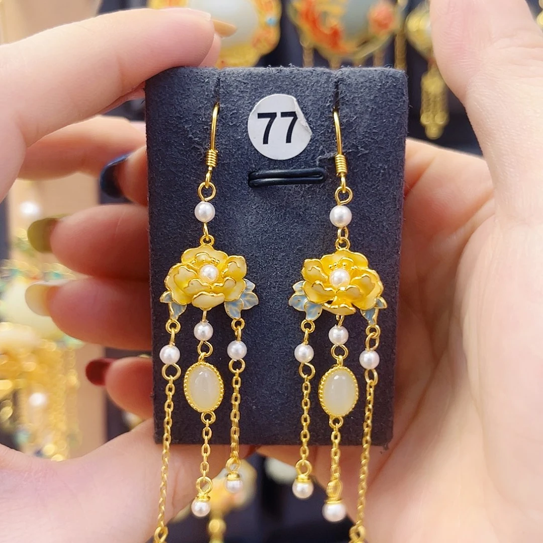 和田玉银S925镀金镶嵌耳饰