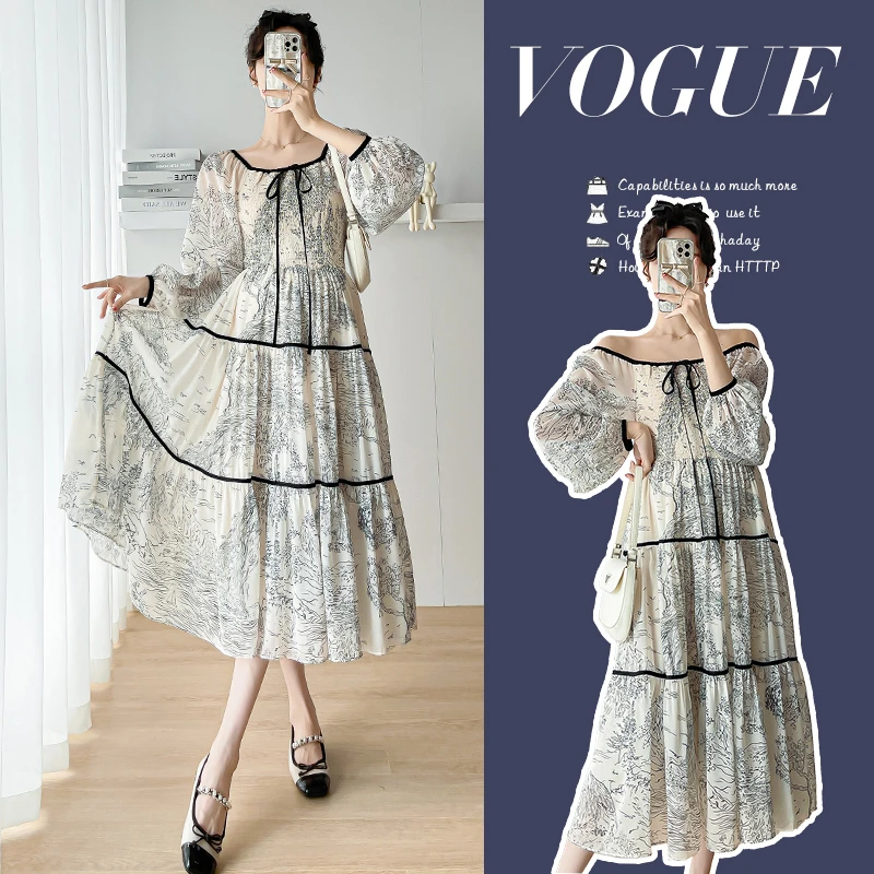2025早春秋季名媛风甜美淑女A字裙雪纺外穿内搭孕妇装连衣裙