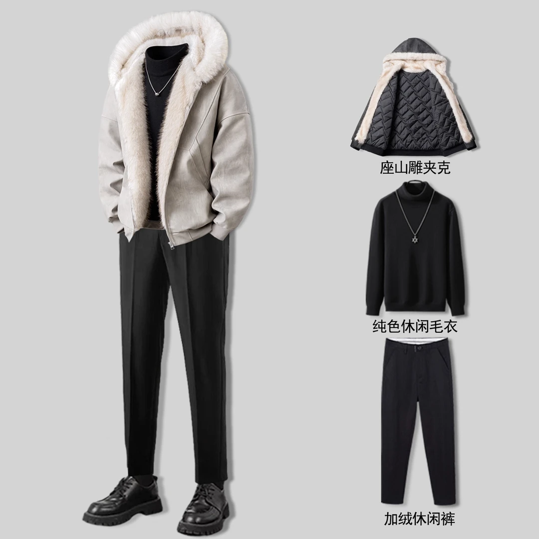 ohmmayby夹克外套新款冬装加绒座山雕棉服休闲套装男一套搭配帅气