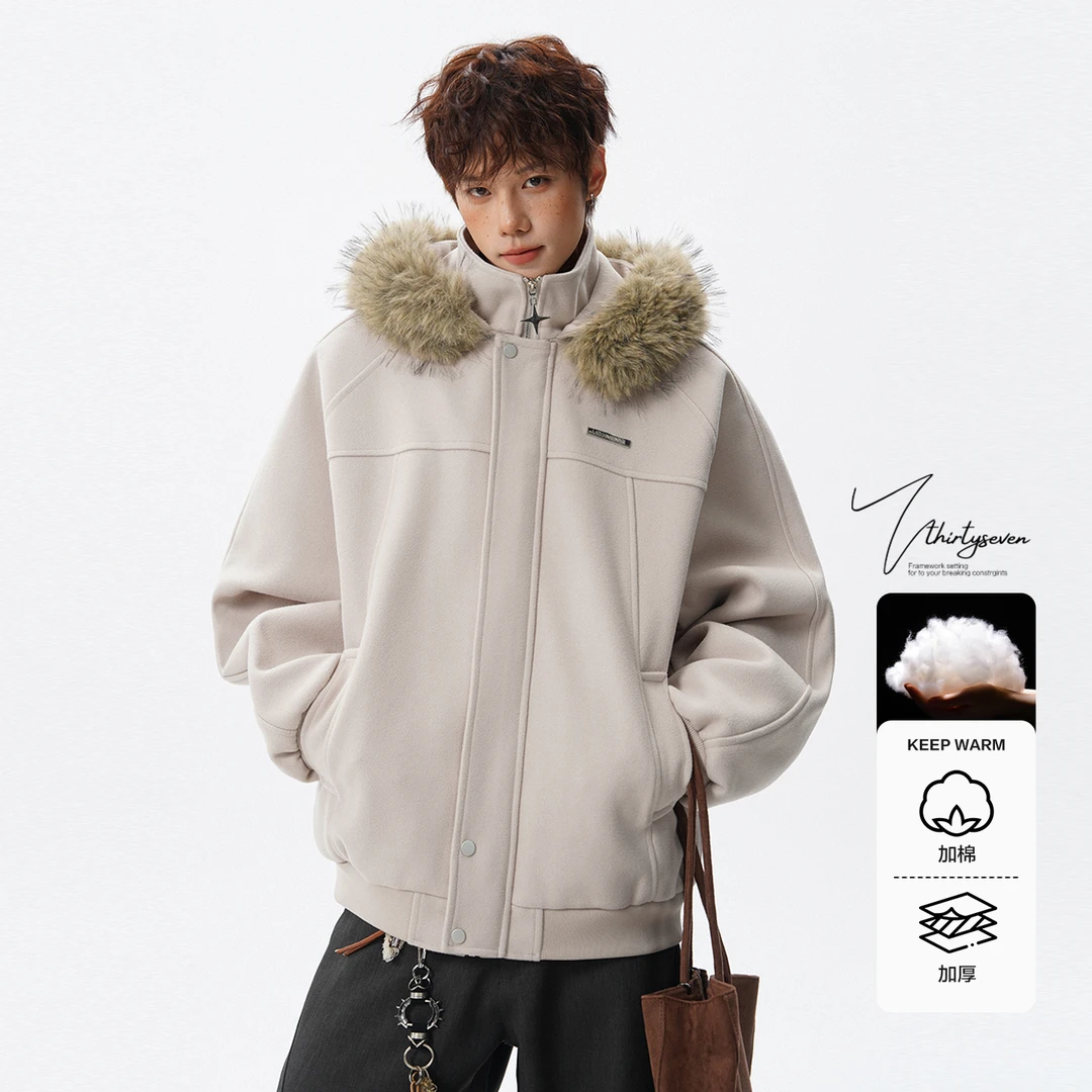 V37美式毛领拼接座山棉衣男冬季简约cleanfit加厚保暖棉服外套