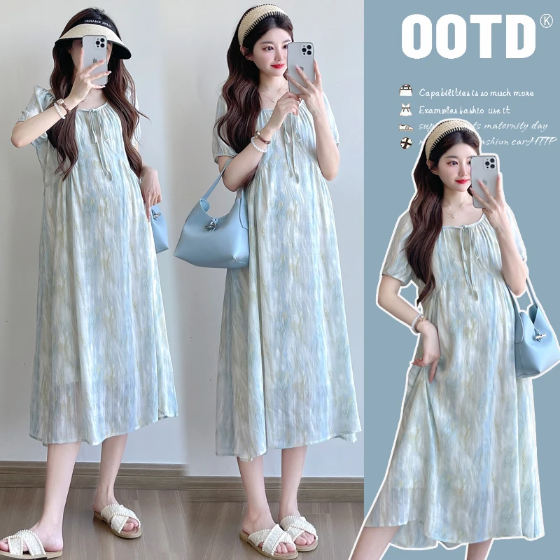 2025孕妇装夏款显瘦连衣裙时尚洋气法式宽松遮肚夏款孕妇裙子