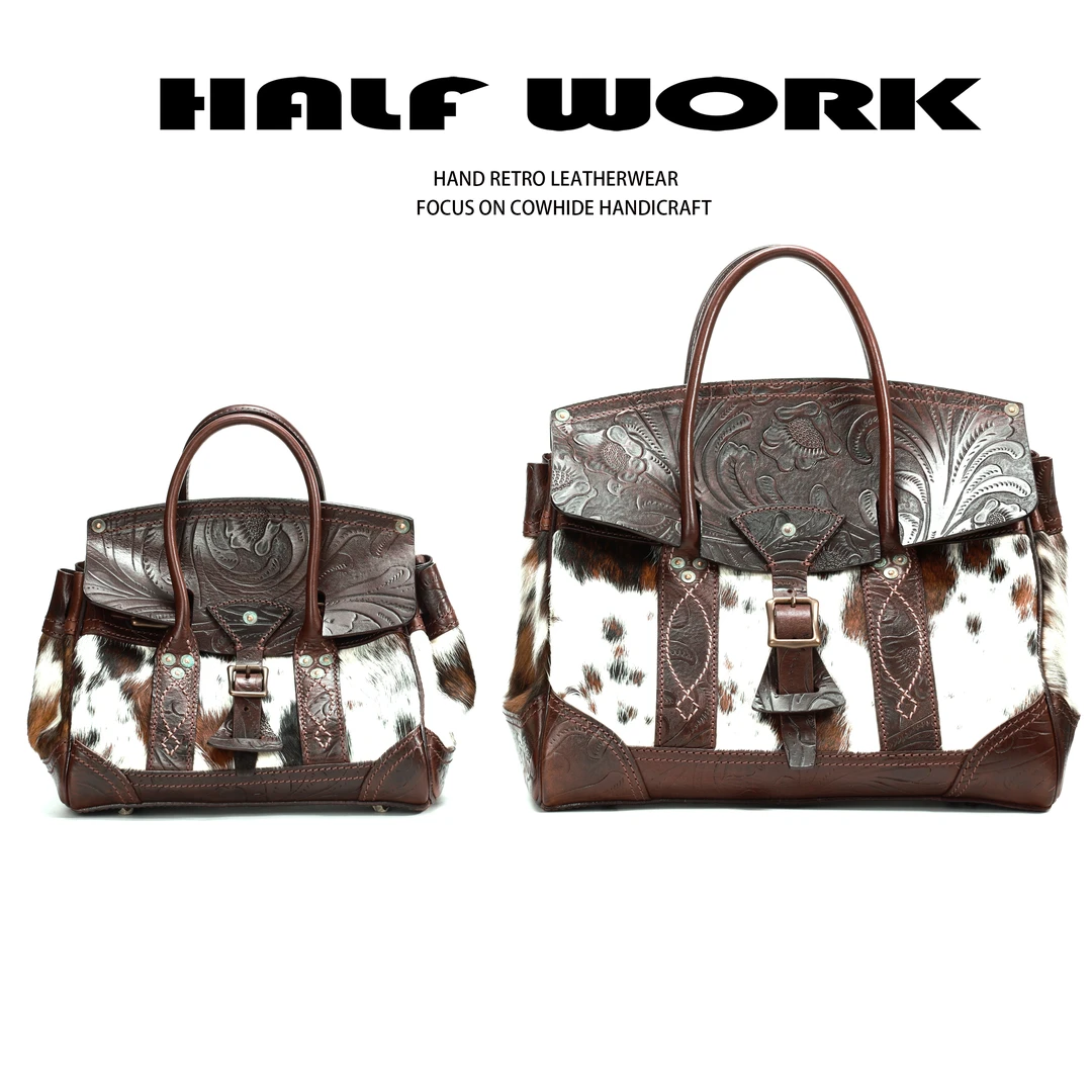 HALF WORK/伴工【高定限量】美式复古头层牛皮胎牛毛手提斜跨包3232