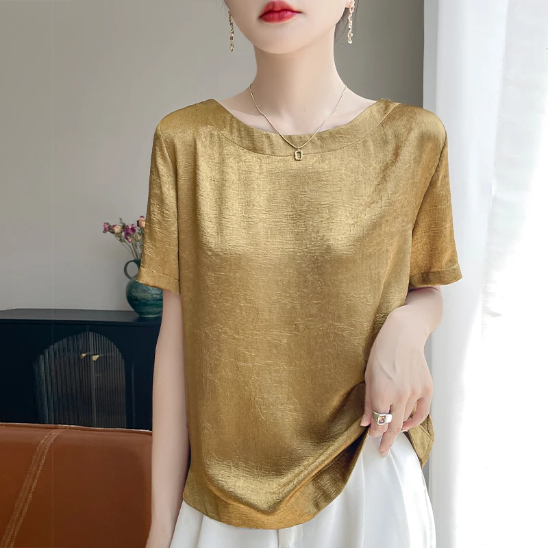 大版褶皱醋酸宽松大码T恤女微奢服装防晒罩衫百搭夏季圆领短袖