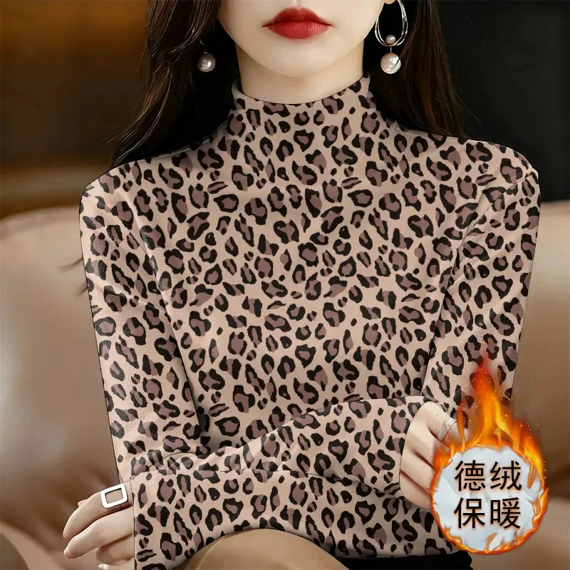 2025新款德绒女士打底衫洋气保暖秋冬半高领显瘦豹纹长袖时尚百搭
