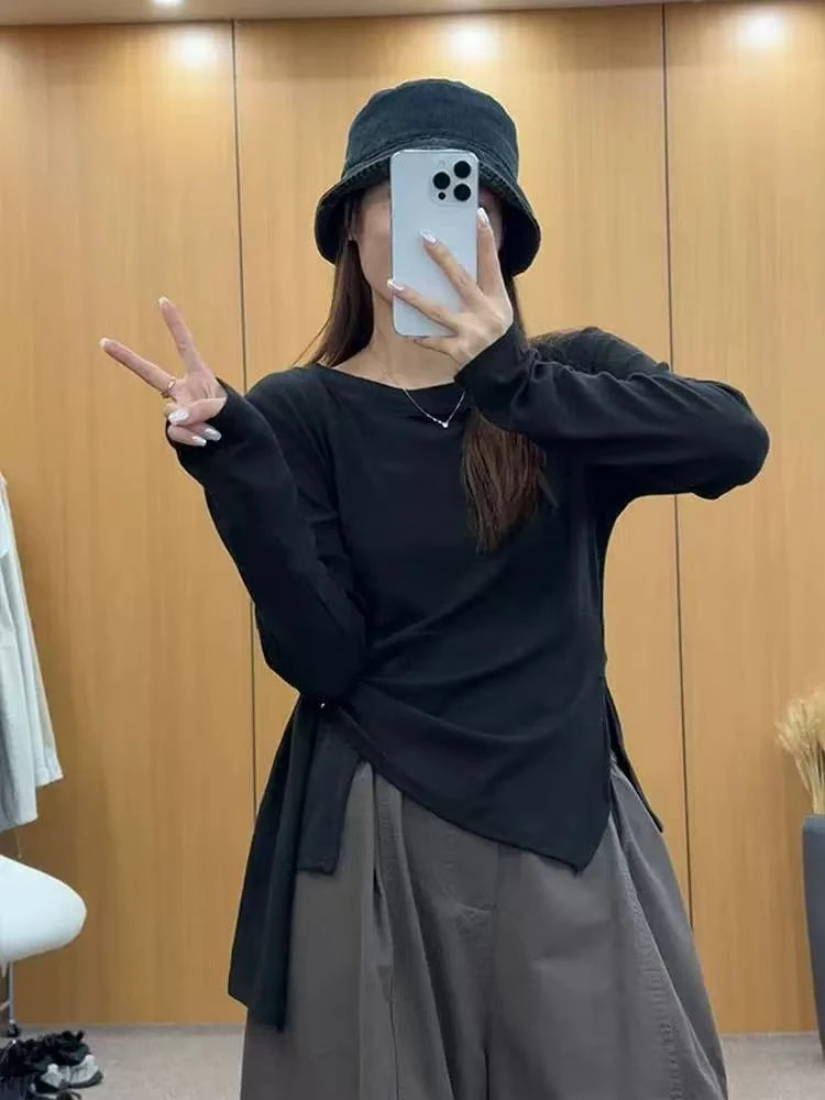 大码正肩圆领长袖t恤女春秋胖mm不规则下摆绑带打底衫上衣8629