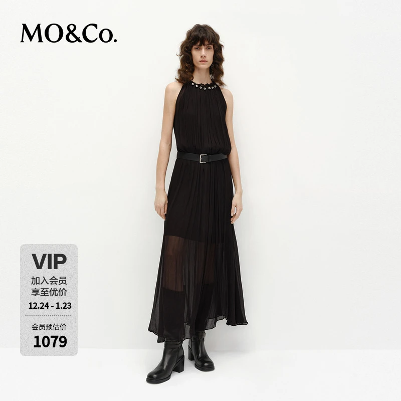 MOCO连衣裙2025春新品法式削肩裁边银珠清透长裙附腰带MBE1DRS052