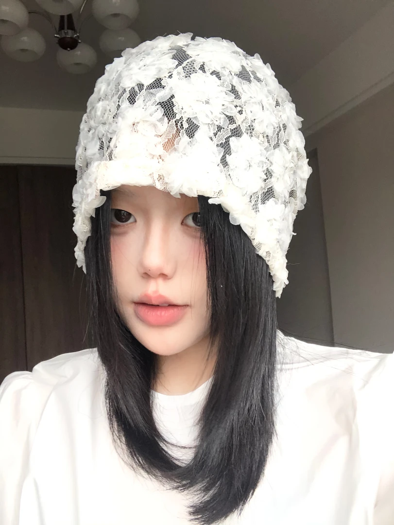 小众原创设计蕾丝包头帽子女韩系氛围感显脸小薄款套头堆堆帽冷帽