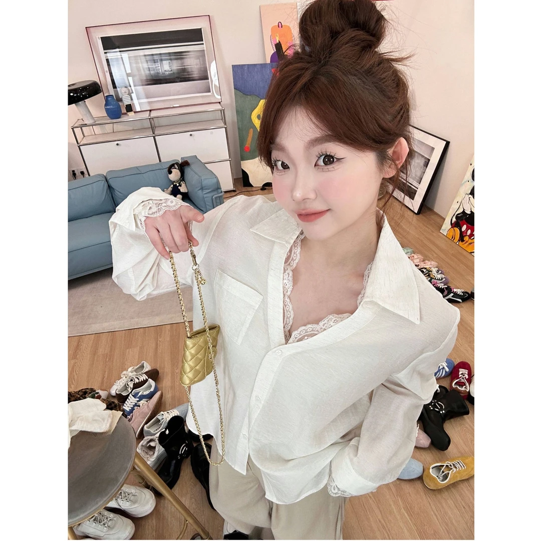 晶咕【冷调白茶】蕾丝边拼接V领气质宽松长袖衬衫时尚休闲百