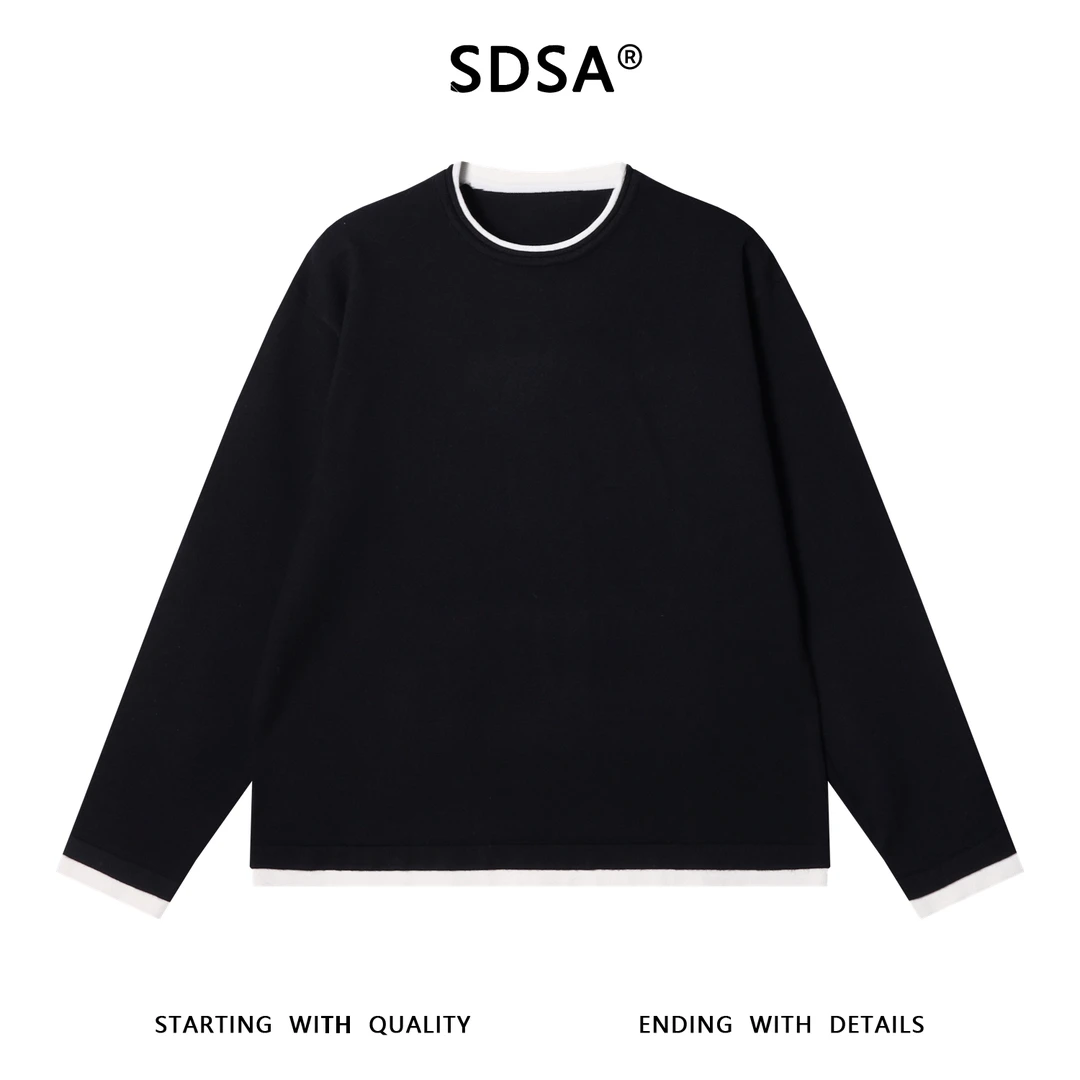 SDSA男士秋冬新款痞帅男装韩版简约撞色卷边假两件毛衣百搭针织衫